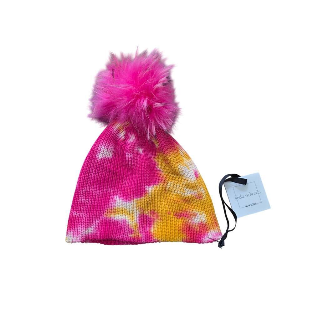 NWT Linda Richards Tie Dye Detachable Fox Fur Pom Pom Hats Pink Yellow
